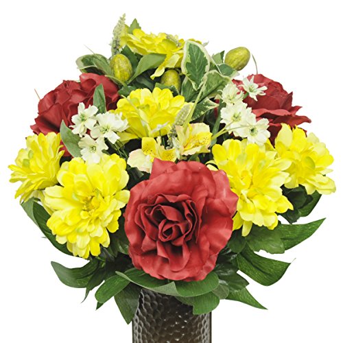 Red Rose and Yellow Dahlias Silk Flower Bouquet with Stay-In-The-Vase® Design Flower Holder(SM1348)