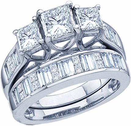 Ladies 14k White Gold 2 Ct Princess Baguette Cut Diamond Wedding Engagement Bridal Ring Set