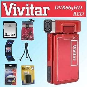 Vivitar DVR 865HD 8X Digital Video Recorder Red + 4 Gigabyte Memory Card + Eco Trends Personal Carry Pouch Pink + Memory Card 3 Pocket Storage Case + Vidpro Camcorder/Camera LCD Screen Protectors + Accessory Kit
