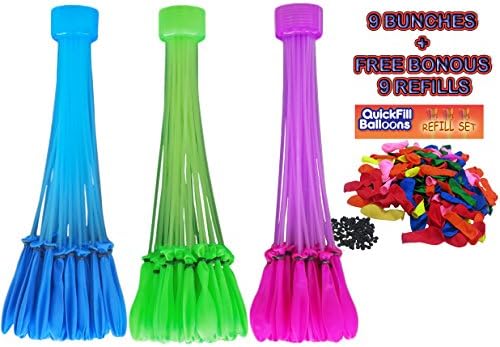 Easy Fill Balloons 9 Bunches of Self Tying Water Balloons - Fill 333 Balloons Per Minute + 3 Free Bonus Refill Packs of 333 balloons and rubber bands included