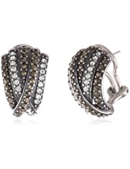Sterling Silver Marcasite and Swarovski Crystal Oxidized Crossover Omega Clip Hoop Earrings
