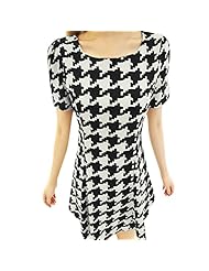 Houndstooth Print Short Sleeves Summer Chiffon Round Neck  Dress
