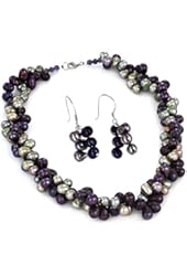 Women's Sterling Silver Brown Fresh Water Pearl Beaded Necklace and Earring Set