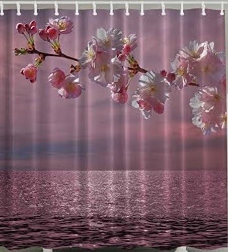 Pink Flowers Ocean Digital Graphic Print Shower Curtain Set Non Vinyl Bath Tub Liner Waterproof Fabric Mildew Resistant Material Hooks Included