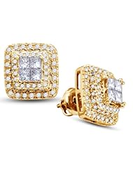 14K Yellow Gold Princess Cut Diamond - Square Princess Shape Halo Invisible Set Studs Earrings with Secure Screw Back Closure - (1.04 cttw.)