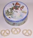 Scott's Cakes 1 lb. White Chocolate Covered Pretzel in a Classic Snowman Tin
