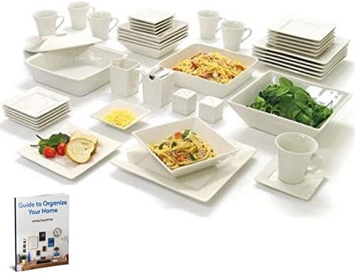 Dinnerware Set 45 Piece Square Banquet Plates Dining Dishes Kitchen Bowls (cream white) &amp; eBook by Easy2Find