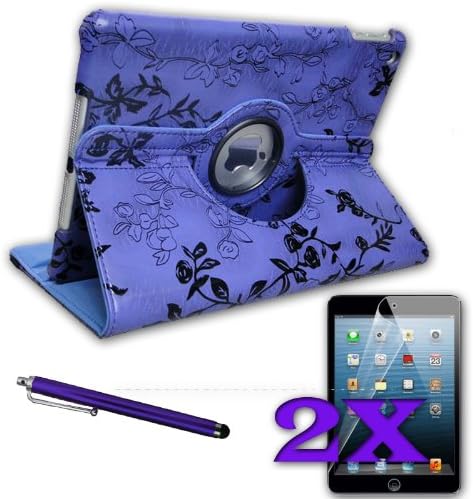 High Quality PU LEATHER Cover Case with Built-in 360° Rotating Stand, Microfiber Inner and Stylus Slot for Apple iPad Air 5th Generation!!!Plus 2 Screen Protectors and Stylus!!! (Fancy Flowers Blue-Purple)