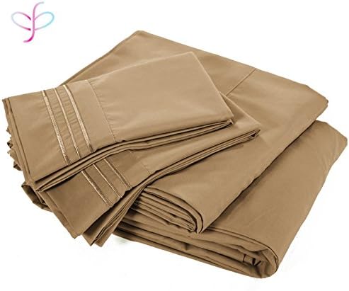 Casa Decor Specialist Wrinkle Free & Super Soft Brushed Microfiber Solid 4 Piece Bedding Deep Pocket Bed Sheet Set, Queen Size, (Light Khaki)