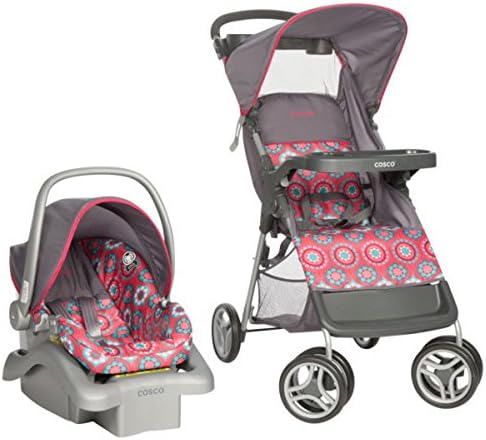 Cosco Lift and Stroll Travel System in Posey Pop, Adjustable canopy Large, easy-access storage basket 3-point safety harnessCar Seat Rear-facing