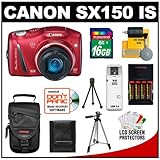 Canon PowerShot SX150 IS 14.1 MP Digital Camera (Red) with 16GB Card + Batt ....