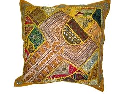 Vintage Sari Patchwork Golden Poppy Decorative Bollywood Floor Pillow Cover 24