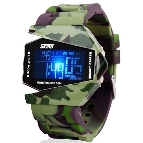 Military Cool LED Display Colorful Light Digital Sport Waterproof Stealth Fighter Plane Shaped Wrist Watches with Silicone Strap Land