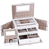Songmics White Leather Jewelry Box w/ Travel Case and Lock Storage Case Organizer UJBC121W