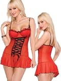 Sexy Sheer Red Babydoll Lingerie Dress with Lace Up Front and Rhinestone Straps