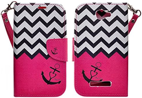 Alcatel OneTouch Fierce 2 Case, Leather Wallet Case with Card Slots Cash Compartment and Detachable Wrist Strap for Alcatel OneTouch Fierce 2 (2014 Model) (HOT PINK CHEVRON ANCHOR)