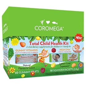 Coromega Total Child Health Kit, Gummy Fruits Multivitamin Multimineral 60-count Bottle And Child Brain & Body High Dha Omega-3 Fish Oil 30-packets,