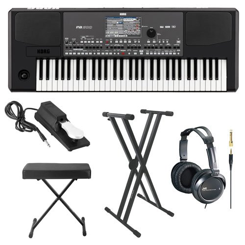 Korg PA600 Professional Arranger Keyboard with Knox Keyboard Bench, Knox Keyboard Stand JVC Full-Sized Headphones and Universal Sustain Pedal