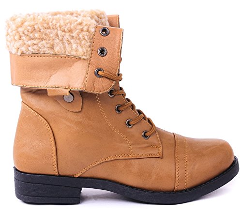 Womens Fur-Lined Foldable Cuff Lace Up Mid-Calf Combat Boots
