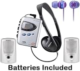 Sony Walkman Digital Tuning Slim Lightweight AM FM Mega Bass Stereo Radio with Tape Cassette Player, Weather Band, 33 Preset Stations, DX Exceptional Reception, Belt Clip, Over the Head Stereo Headphones, Deep Violet Fashion Earbud Headphones & Passive Lightweight Portable Speakers - Batteries Included