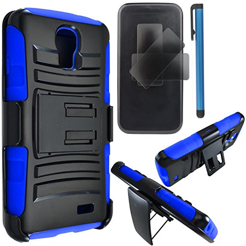 LG L31G / LG Access LTE Case Combo by ICE-CLEAR(TM)-HERCULES Dual- Layer Hard/Gel Hybrid Kickstand Armor Case w/ Holster (Black/Blue)+Touch Screen Stylus