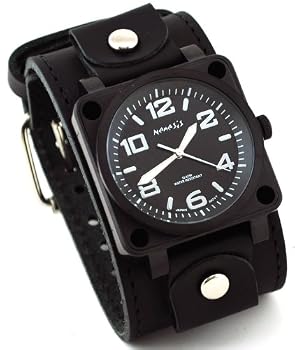 Nemesis #LBB076K Men's Black Ion Plated Wide Leather Cuff Band Watch