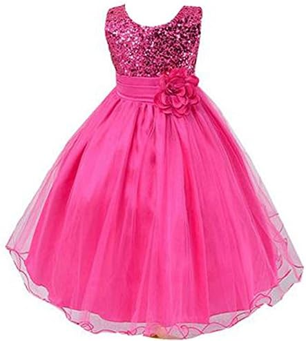 Abb House Little Girls Sequin Mesh Sleeveless Flower Party Tulle Dress (130/6T, rose)