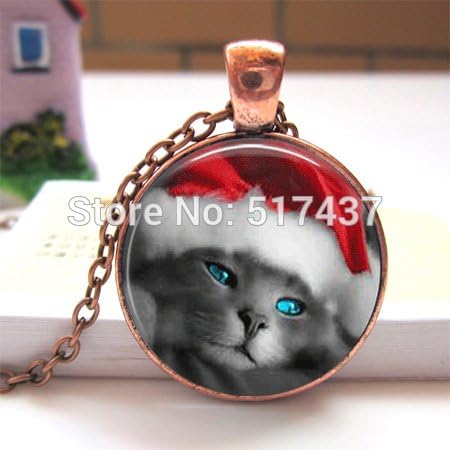 Lawrence Painting Cr44 Christmas Cat With X Mas Cap Holiday Tile Round Glass Cabochon Necklace Santa Cat
