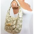 Coach Signature Kirstin Linen Hobo Shoulder Bag Purse Tote Champagne - Coach 16817KG'