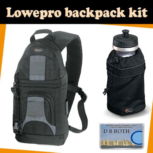 LowePro Backpack kit which includes the Lowepro Slingshot 100 All Weather Backpack (Black) + Lowepro Mesh Water Bottle Bag for 32oz. Size Bottles + DB ROTH Micro Fiber Cloth.