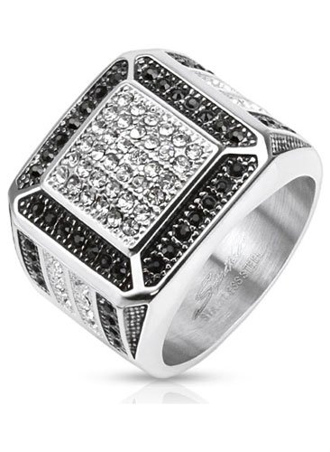 Stainless Steel Square Wide Cast Ring with Center Clear Simulated Gems and Paved Black Borders with Micro Paved Black & Clear Side View Designs, Width 18 MM - Crazy2Shop