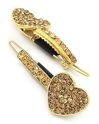 2 Goldtone Topaz Colored Rhinestone Heart Metal Snap Hair Barette Clips