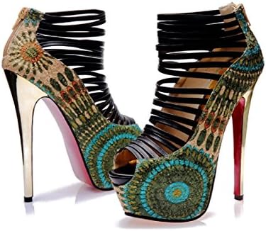 Izzystyle Women's Canvas/Patent Leather Peacock Peep Toe Platform Shoes 7 Blue/Green - 13.5 heel