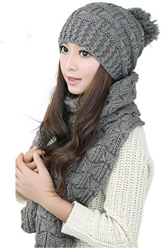Hat scarf suit,EEDI Fashion Women Winter 1Set Lady Warm Woolen Knit Hood Scarf Shawl Caps Hats Suit (Gray)