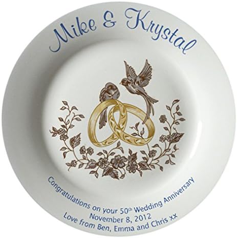 Heritage Pottery Personalized Bone China Commemorative Plate for A 50th Wedding Anniversary - Rings and Doves Design with A Plain Rim
