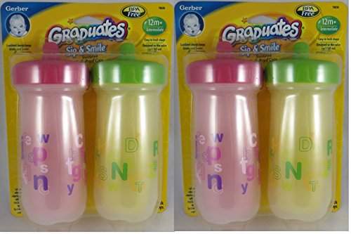 Gerber Graduates BPA Sip and Smile Free Spill-Proof Cup, 12m + Intermediate, 9 Oz [Pink & Green] 4 Bottles