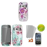 Purple Flower & Butterfly + Red Flower on Blue 2x 2D Silver Faceplate Hard  ....