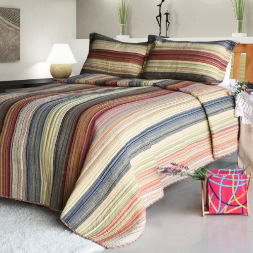 [Enthusiasm Desert-2] 100% Cotton 3PC Vermicelli-Quilted Striped Patchwork Quilt Set (Full/Queen Size)