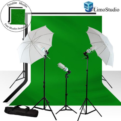 LimoStudio 420 Watt Photography Lighting Light Kit + 10 x 10 100% Cotton Black Muslin Backdrop Background + 10 x 10 100% Cotton White Muslin Backdrop Background + 10 x 10 100% Cotton Green Chroma Key Muslin Backdrop Bac