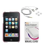 GTMax Purple Durable Hard Rubberized Slim Fit Back Cover + White Soft Gel 3.5mm Stereo Headset + LCD Screen Protector for Apple iPod Touch 8GB 32GB 64GB 3rd 3G Generation
