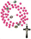 Pink Faux Pearl Rosary Necklace with Religious Icons - 22 in Necklace - 8mm Beads