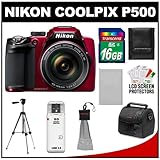 Nikon Coolpix P500 12.1 MP Digital Camera (Red) with 16GB Card + Battery +  ....