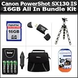 16GB All In Bundle For Canon PowerShot SX130 IS SX130IS Digital Camera Includes 16GB High Speed SD Memory card + Gripster + USB 2.0 High Speed Card Reader + 4AA High Capacity Rechargeable NIMH Batteries And A/c D/c Rapid Charger + Deluxe Case + LCD Scree