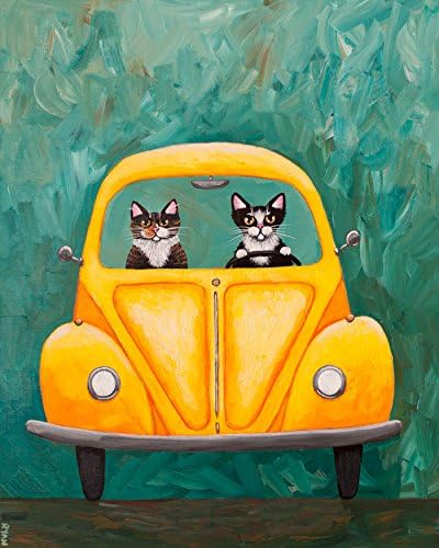 LARGE Yellow Bug Road Trip CATS 16 x 20 Original Folk Art Painting