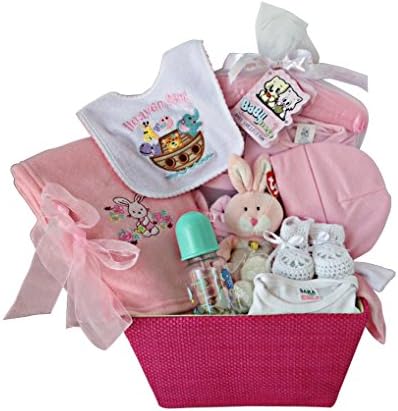 Sleepy Bunny New Baby Girl "Heaven Sent" Gift Basket With Plush Stuffed Animal