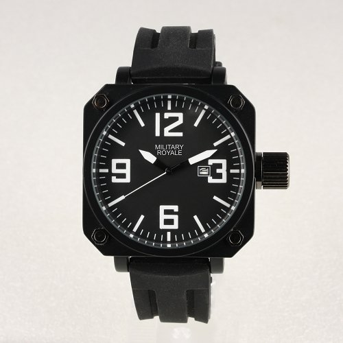 New Military Royale Swiss Design Mens Black Square Dial White Numbers Rubber Band Army Wrist Watch