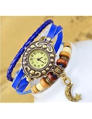 KANO BAK(TM) Vintage Wrap Around Leather Retro Weave Wrap Quartz Bracelet Woman Unisex Star Moon Gift Watch Blue