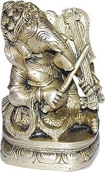Handcrafted Gifts Sitting Statue Ganesha Brass Playing Violin 2.5 x 2.5 x 4 inches