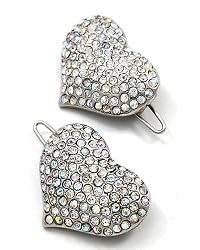 2 Silvertone Clear Rhinestone Heart Hair Barrette Clips