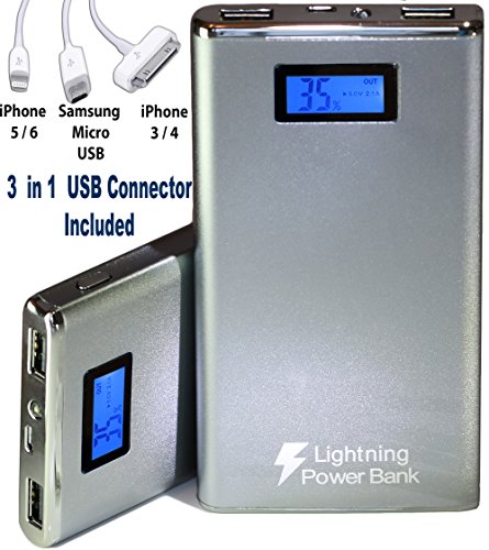Power Bank, Lightning Power BankÂ®, 12000mAh Dual Port External portable battery charger with LED, Aluminum cell phone charger for Apple iPhone 6, iPhone 6 Plus, iPhone 5S 5C 5, iPad Air, iPad Mini, Galaxy S6 S5 S4, Galaxy Tab, LG G3, Nexus, HTC One